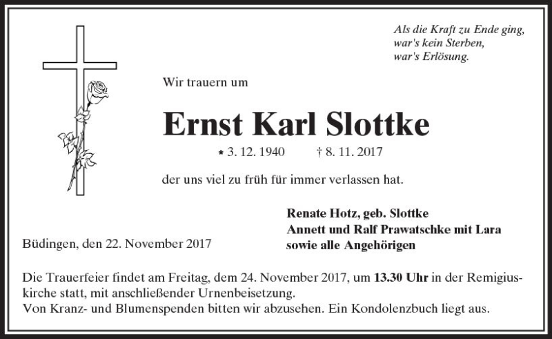  Traueranzeige für Ernst Karl Slottke vom 22.11.2017 aus  Kreisanzeiger