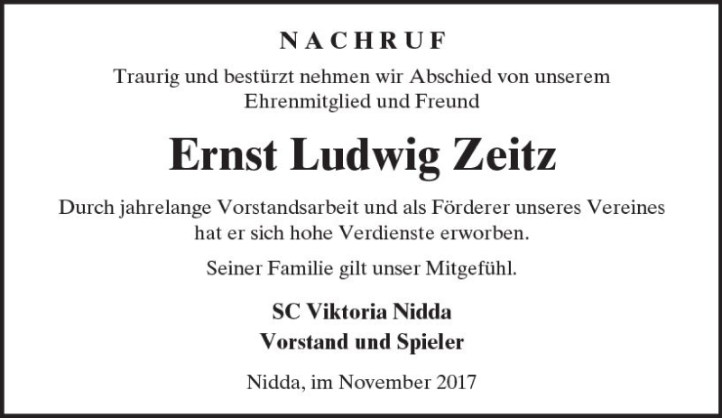  Traueranzeige für Ernst Ludwig Zeitz vom 11.11.2017 aus  Kreisanzeiger
