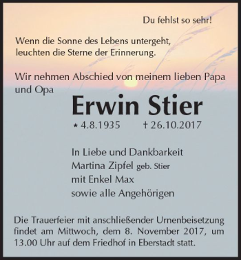 Traueranzeige von Erwin Stier von Trauerportal Echo Online