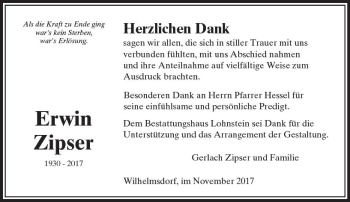 Traueranzeige von Erwin Zipser von  Usinger Anzeiger