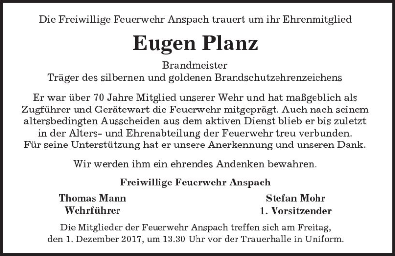  Traueranzeige für Eugen Planz vom 29.11.2017 aus  Usinger Anzeiger