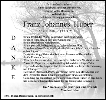 Traueranzeige von Franz Johannes Huber von Trauerportal Rhein Main Presse