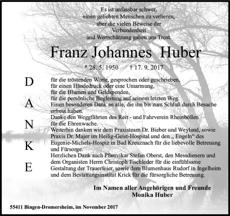  Traueranzeige für Franz Johannes Huber vom 18.11.2017 aus Trauerportal Rhein Main Presse