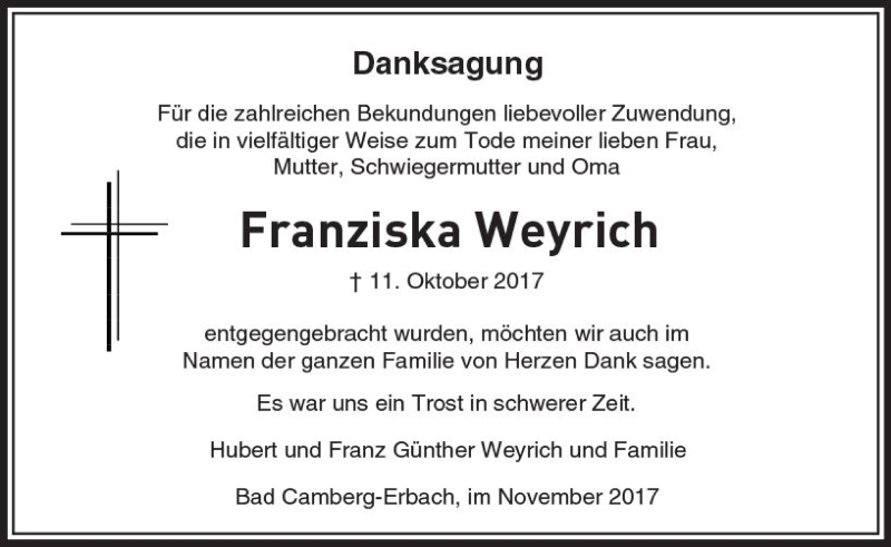  Traueranzeige für Franziska Weyrich vom 16.11.2017 aus  Camberger Anzeiger