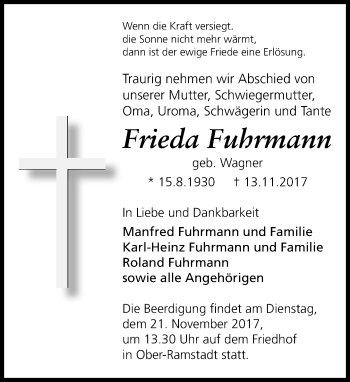 Traueranzeige von Frieda Fuhrmann von Trauerportal Echo Online
