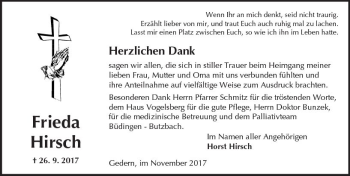 Traueranzeige von Frieda Hirsch von  Kreisanzeiger