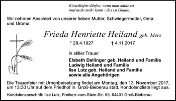 Traueranzeige von Frieda Henriette Heiland von Trauerportal Echo Online