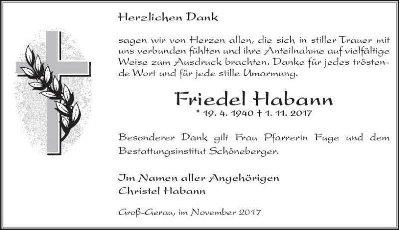  Traueranzeige für Friedel Habann vom 22.11.2017 aus Trauerportal Echo Online