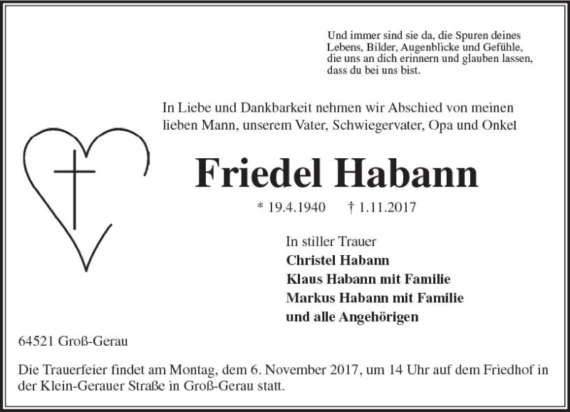  Traueranzeige für Friedel Habann vom 03.11.2017 aus Trauerportal Echo Online