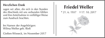Traueranzeige von Friedel Weller von  Gießener Anzeiger