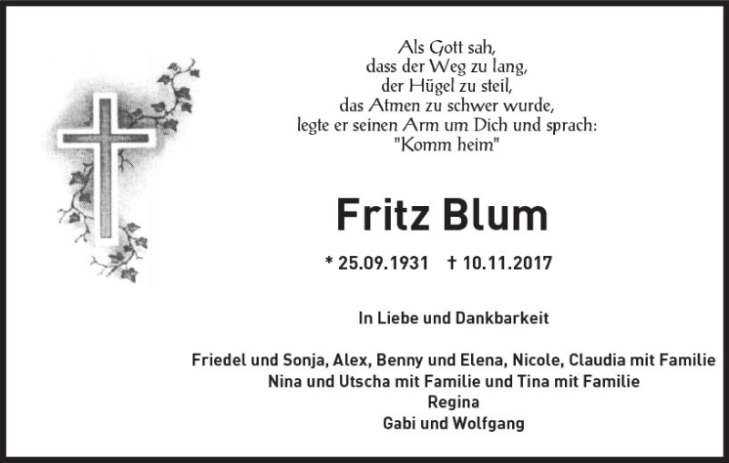  Traueranzeige für Fritz Blum vom 16.11.2017 aus  Gießener Anzeiger