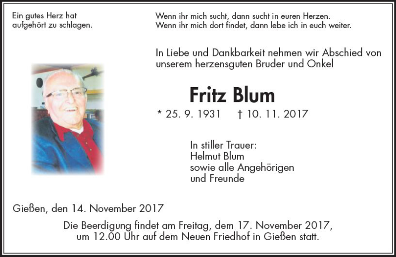  Traueranzeige für Fritz Blum vom 14.11.2017 aus  Gießener Anzeiger