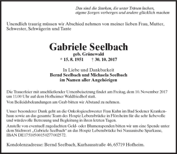 Traueranzeige von Gabriele Seelbach von Trauerportal Rhein Main Presse