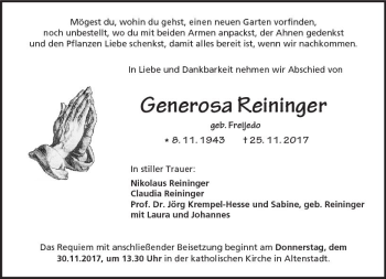 Traueranzeige von Generosa Reininger von  Kreisanzeiger
