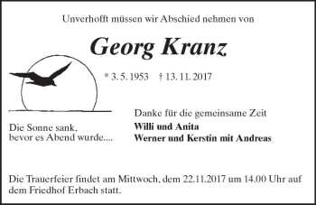 Traueranzeige von Georg Kranz von Trauerportal Echo Online