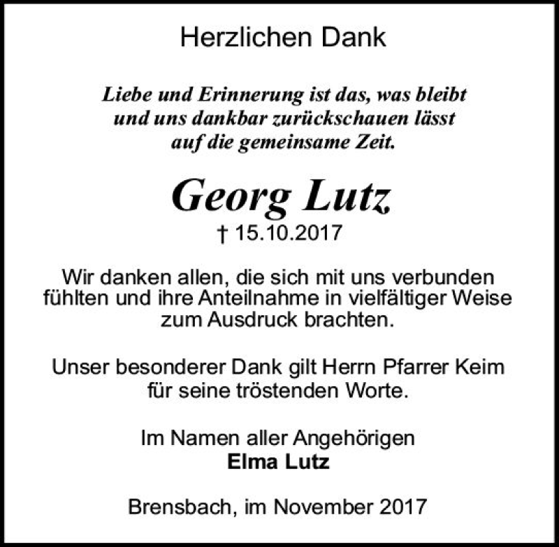  Traueranzeige für Georg Lutz vom 11.11.2017 aus Trauerportal Echo Online