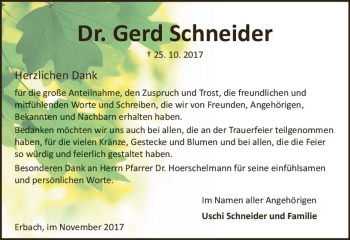 Traueranzeige von Gerd Schneider von Trauerportal Echo Online