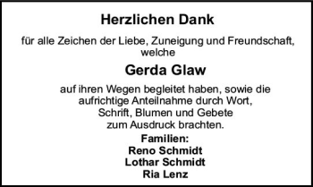 Traueranzeige von Gerda Glaw von Trauerportal Echo Online