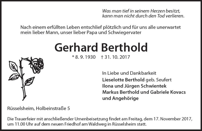  Traueranzeige für Gerhard Berthold vom 11.11.2017 aus Trauerportal Rhein Main Presse