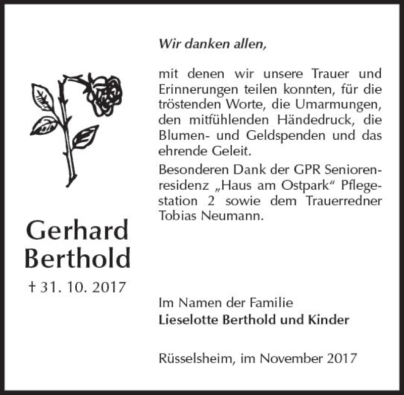  Traueranzeige für Gerhard Berthold vom 25.11.2017 aus Trauerportal Rhein Main Presse