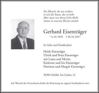 Traueranzeige von Gerhard Eisenträger von VRM Trauer