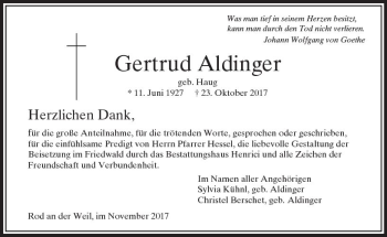 Traueranzeige von Gertrud Aldinger von  Usinger Anzeiger
