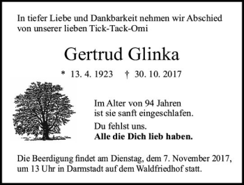 Traueranzeige von Gertrud Glinka von Trauerportal Echo Online