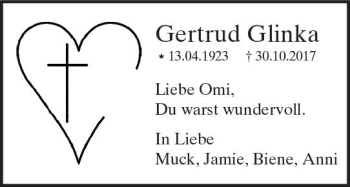 Traueranzeige von Gertrud Glinka von Trauerportal Echo Online