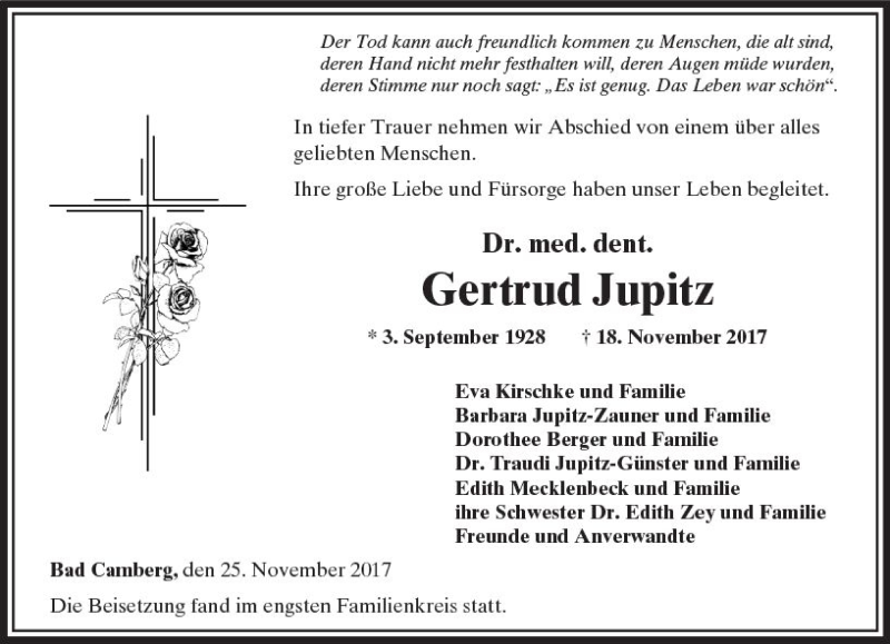  Traueranzeige für Gertrud Jupitz vom 30.11.2017 aus  Camberger Anzeiger