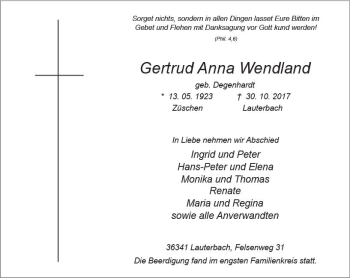 Traueranzeige von Gertrud Anna Wendland von VRM Trauer