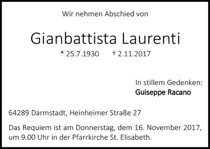  Traueranzeige für Gianbattista Laurenti vom 11.11.2017 aus Trauerportal Echo Online