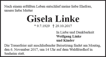 Traueranzeige von Gisela Linke von Trauerportal Echo Online