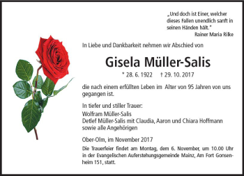 Traueranzeige von Gisela Müller-Salis von Trauerportal Rhein Main Presse