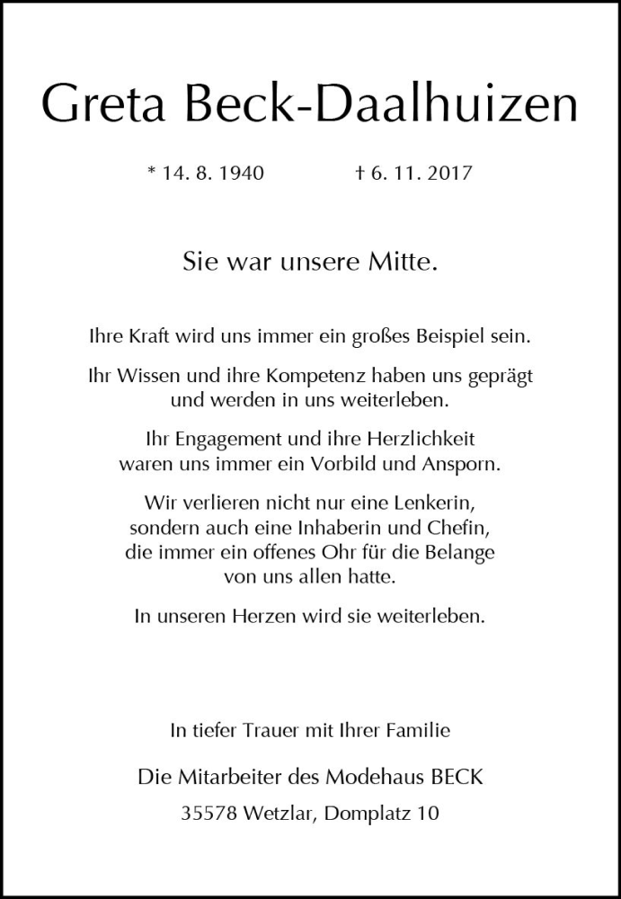  Traueranzeige für Greta Beck-Daalhuizen vom 13.11.2017 aus  Gießener Anzeiger