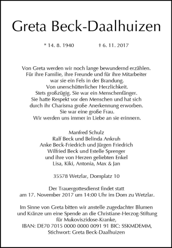 Traueranzeige von Greta Beck-Daalhuizen von  Gießener Anzeiger