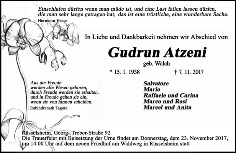  Traueranzeige für Gudrun Atzeni vom 18.11.2017 aus Trauerportal Rhein Main Presse