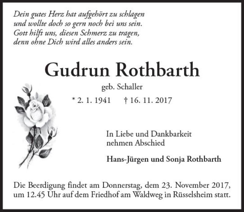  Traueranzeige für Gudrun Rothbarth vom 18.11.2017 aus Trauerportal Rhein Main Presse