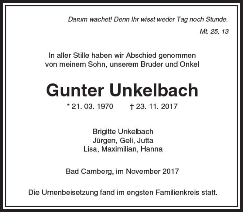  Traueranzeige für Gunter Unkelbach vom 30.11.2017 aus  Camberger Anzeiger
