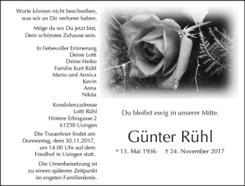 Traueranzeige von Günter Rühl von  Usinger Anzeiger