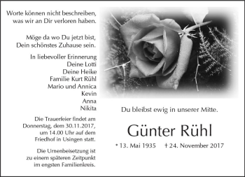 Traueranzeige von Günter Rühl von  Usinger Anzeiger