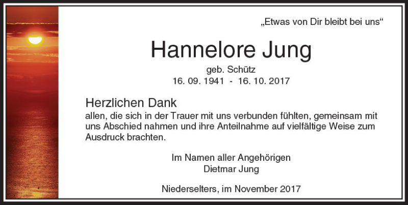  Traueranzeige für Hannelore Jung vom 02.11.2017 aus  Camberger Anzeiger