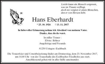 Traueranzeige von Hans Eberhardt von  Usinger Anzeiger