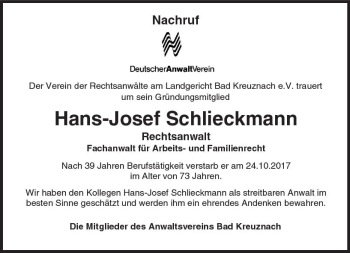 Traueranzeige von Hans-Josef Schlieckmann von Trauerportal Rhein Main Presse