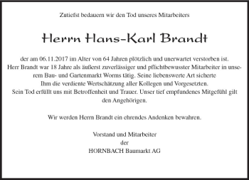 Traueranzeige von Hans-Karl Brandt von Trauerportal Rhein Main Presse
