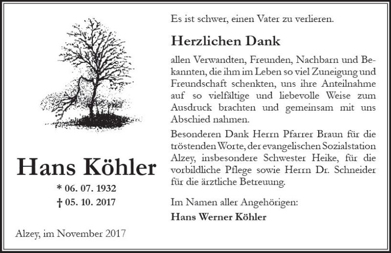  Traueranzeige für Hans Köhler vom 04.11.2017 aus Trauerportal Rhein Main Presse