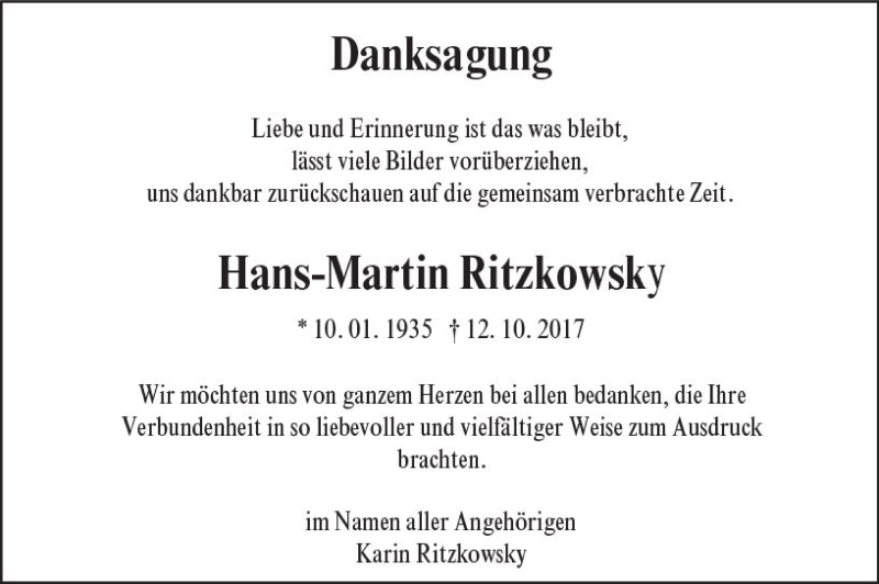 Traueranzeige für Hans-Martin Ritzkowsky vom 11.11.2017 aus Trauerportal Echo Online