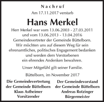 Traueranzeige von Hans Merkel von Trauerportal Echo Online