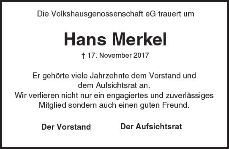  Traueranzeige für Hans Merkel vom 23.11.2017 aus Trauerportal Echo Online