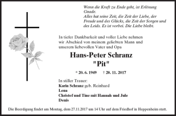 Traueranzeige von Hans-Peter Schranz von Trauerportal Rhein Main Presse
