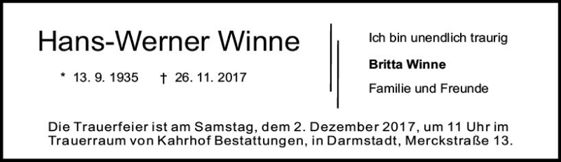  Traueranzeige für Hans-Werner Winne vom 29.11.2017 aus Trauerportal Echo Online